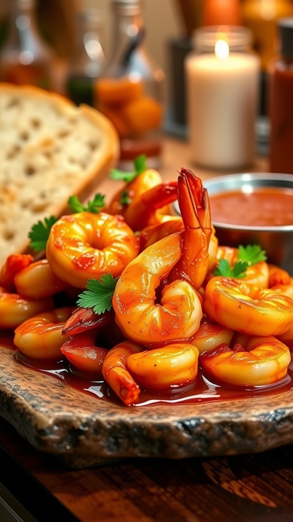 New Orleans Style Barbecue Shrimp Recipe A delicious plate of barbecue shrimp in a buttery sauce with parsley, served with French bread.